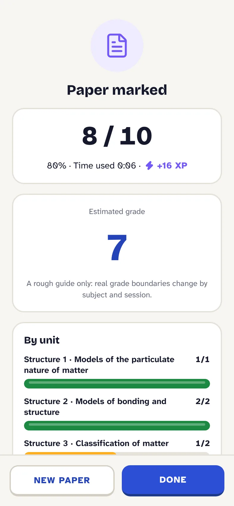 A marked mock paper: 8 out of 10, an estimated grade of 7 and a score for each unit