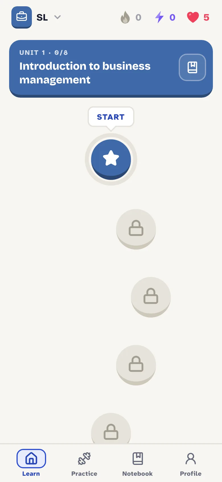 The Forty5 learning path for Business Management SL, with the streak, XP and hearts at the top