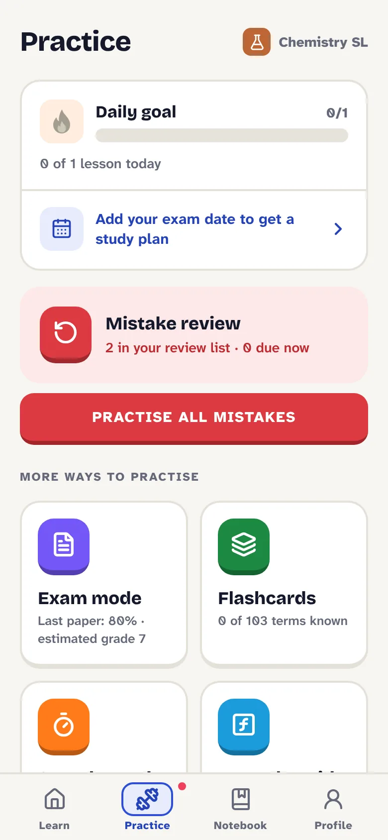 The practice tab with mistake review, exam mode and flashcards